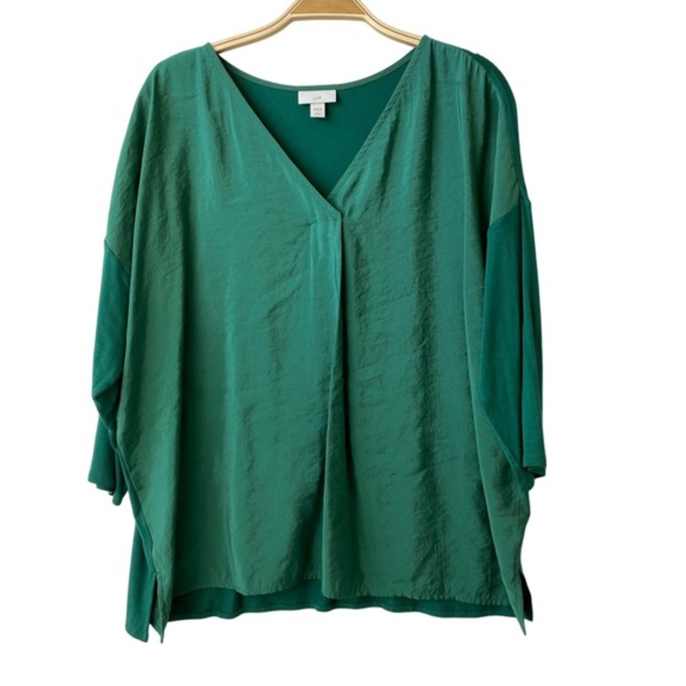 J. Jill Hybrid V-neck Blouse Top‎ Women Size LP Emerald Green Knit Sleeve Career